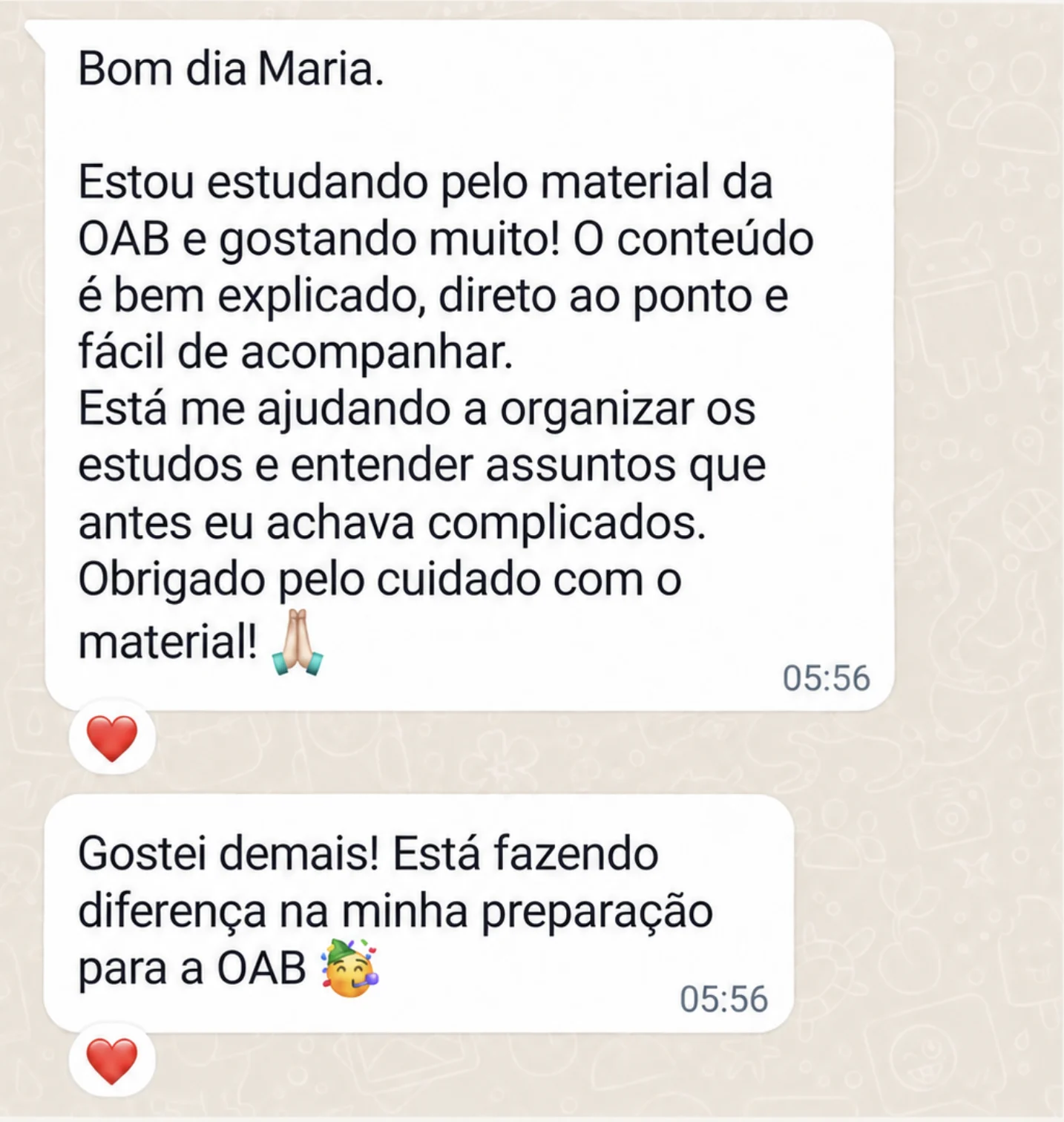 Cliente elogia o conteúdo bem explicado e a organização dos estudos para a OAB.