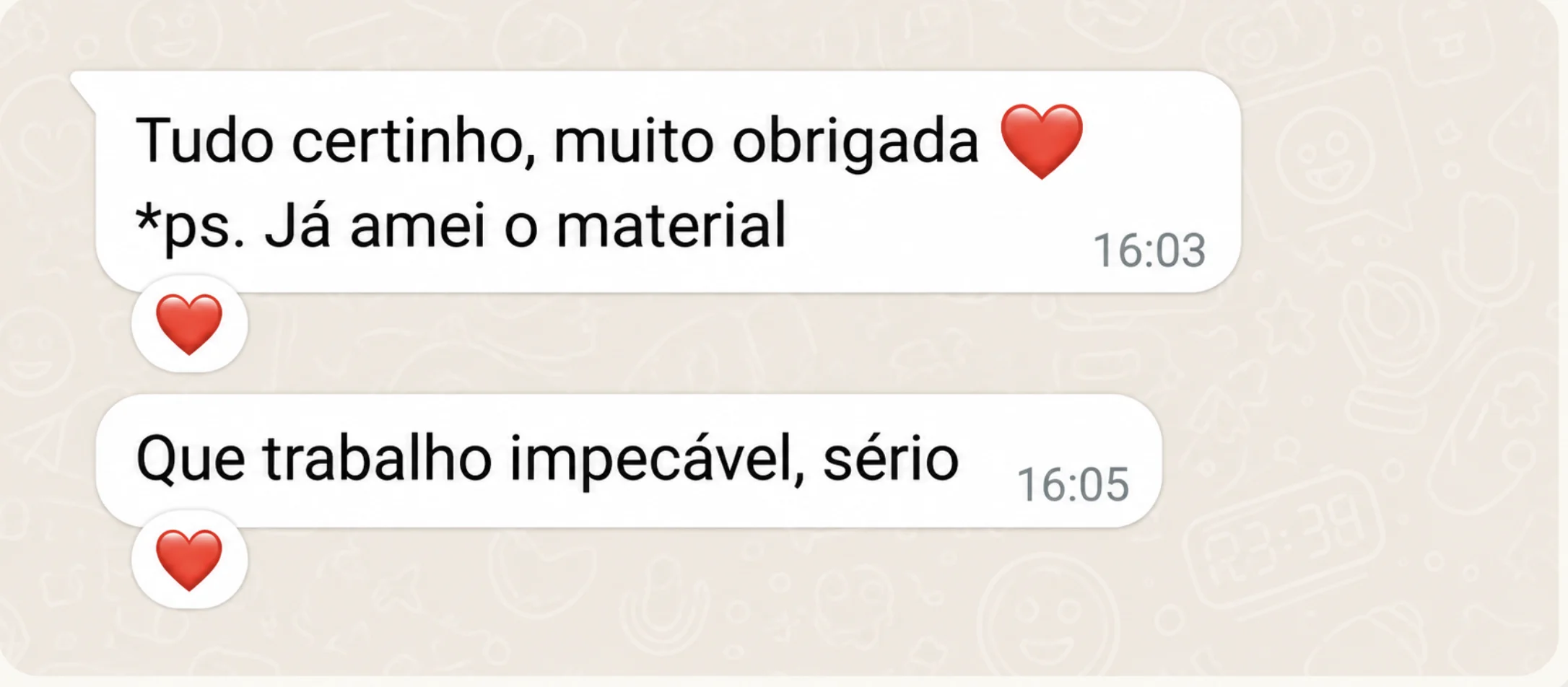 Cliente elogia o material e o trabalho da equipe.