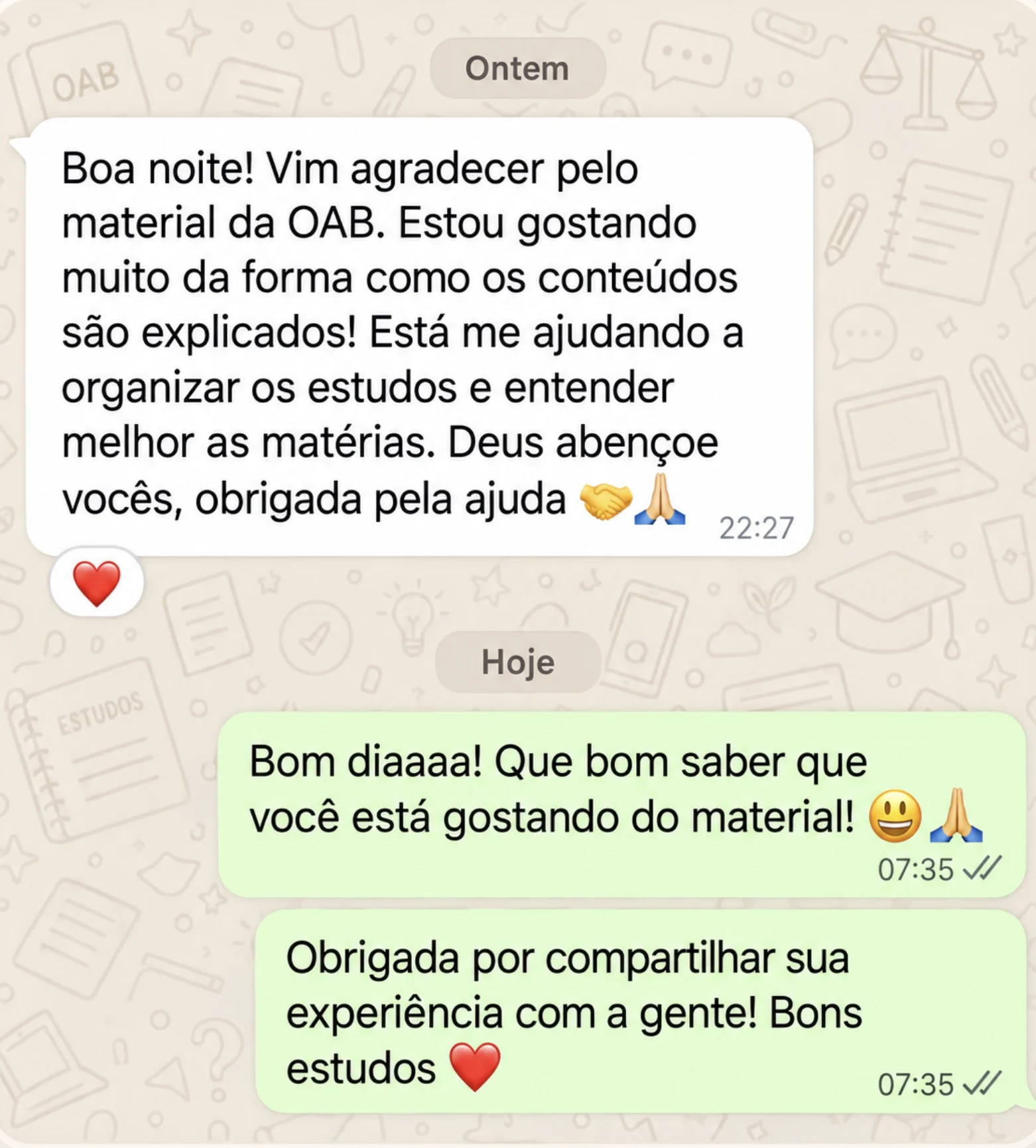 Cliente relata que o material ajuda a organizar os estudos e entender as matérias.